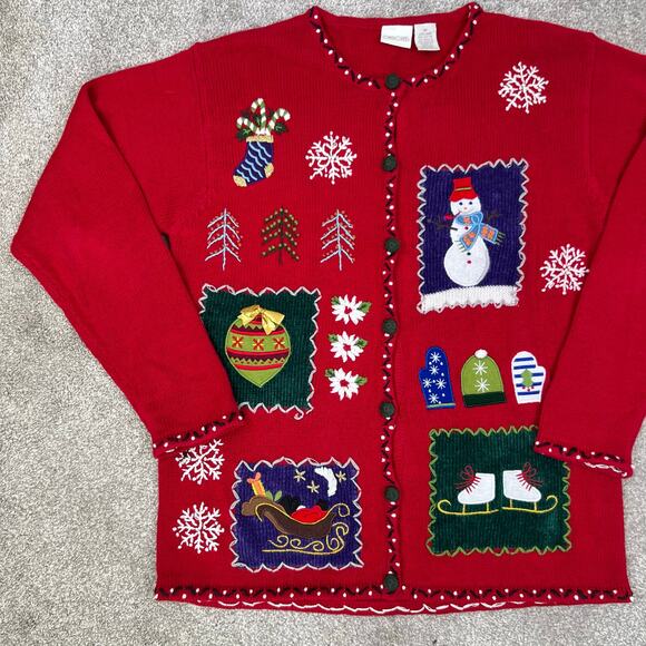 Cherokee Embroidered Holiday Christmas Button Front Cardigan Sweater (Sz M) - Picture 9 of 13